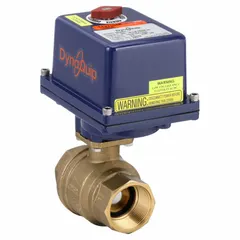 Brass electrically-actuated two-way ball valve with nickel-plated brass stem. Operates on 12 to 24V AC/DC. Features thermal overload protection and ISO 5211 actuator mounting pad. Used for automated on/off flow control in industrial fluid systems.