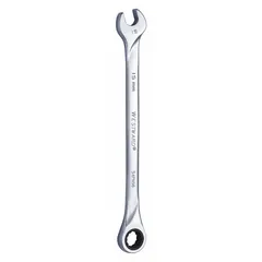 This 15 mm metric 12-point ratcheting combination wrench is made from alloy steel with a chrome finish. It has a standard rounded head design and an overall length of 9 3/4 in. Suitable for tightening or loosening fasteners in general maintenance and repair tasks.