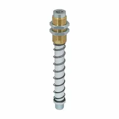 Rotating vacuum buffer with 75 mm stroke length. Connections: G1/4 in male and G1/8 in female. Used in vacuum systems to absorb shock and compensate for height differences in automated handling, pick-and-place, and material-handling applications.