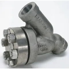 This Y strainer features a 304 stainless steel body, seal, and perforated screen with 0.0313 in openings. It has a 1 1/4 in NPT connection and a height of 7 1/8 in. Used in pipelines to remove solid particles from liquids or gases, protecting downstream equipment.