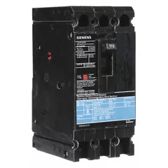 The Siemens ED43B110 is a 110 A molded case circuit breaker from the ED4 series. It has a maximum AIR rating of 18kA at 480V AC, fixed instantaneous trip, ABC phase connection, and load-side lug terminals. Suitable for overcurrent protection in industrial power distribution panels, motor control centers, and branch circuits.