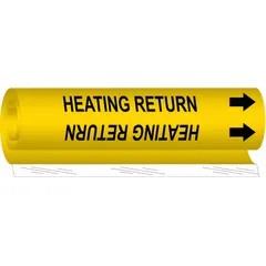Yellow wrap-around pipe marker with black legend text reading 'Heating Return' and directional arrows. Fits pipe outer diameters from 1-1/2 to 2-3/8 inches. Used to identify heating return lines in piping systems for clear visual communication of flow direction and system function.