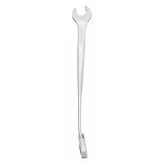 This metric 12-point ratcheting combination wrench features a 15 mm head size and a 9 3/4 in overall length. Constructed from alloy steel with a chrome finish, it is designed as a standard (non-reversible) tool for tightening or loosening fasteners in general mechanical tasks.