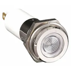 White LED indicator pilot light with flush head and H12 profile. Designed for 12 mm panel mounting hole diameter. Electrical connection via 0.11 Male Quick Disconnect terminal. Used in industrial control panels and machinery for status indication.