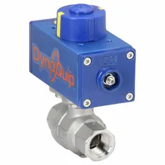 This pneumatically-actuated two-way ball valve features a stainless steel body with 1/2-inch FNPT female threaded ends. It is operated by a pilot solenoid rated for 115V AC, enabling remote on/off flow control in industrial piping systems handling liquids or gases.