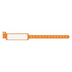 Orange plastic security wristband with no legend. Measures 11 1/2 inches in overall length and 1 3/8 inches in overall width. Supplied in a 500-count pack. Suitable for access control, patient identification, and event security applications.
