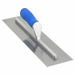 Square-end finishing trowel with a carbon steel blade. Blade width is 4 inches. Designed for smoothing and finishing concrete surfaces, particularly in corners and against edges.