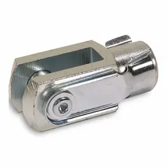 Steel clevis mount for connecting a pneumatic or hydraulic cylinder rod to a mating machine element. Fits 25 mm bore diameter cylinders. Overall length 49 mm, width 20 mm. Provides a pivoting joint for linear motion in automation and material handling equipment.