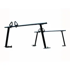 Truck bed rack designed for securing ladders, pipes, or long loads. Adjustable width accommodates various cargo sizes. Constructed from black aluminum. Suitable for commercial vehicles needing organized load transport.