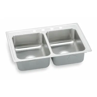 ELKAY Bowl Drop-In Sink: 29 in Overall Lg, 18 in Overall Wd, 7 1/2 in Bowl Dp - Two-Bowl Counter-Mounted Kitchen & Bar Sinks without Faucets