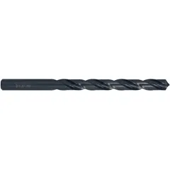This 17/64" (0.2656 in) diameter jobber-length drill bit is made from high-speed steel with a black oxide finish and a tang shank. The 118° point is suited for general-purpose drilling in metal, wood, and plastics. The tang shank provides secure grip in drill chucks, and the black oxide finish reduces friction and resists corrosion.