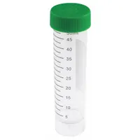 Polypropylene culture tube with 50 mL capacity, conical bottom, and natural body color. Graduated for volume measurement and includes a green closure. Suitable for laboratory sample collection, storage, and centrifugation