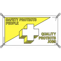 Single-sided printed polyethylene banner with nominal size 48 in x 120 in. Suitable for indoor and outdoor use in industrial facilities, warehouses, and construction sites to display safety messages.