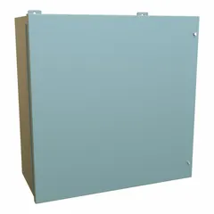 This HAMMOND steel enclosure is NEMA 12 rated for protection against dust, dirt, and non-corrosive liquids. It measures 24 x 24 x 11 inches, features a solid hinged cover secured with screws, and includes a panel. Knockouts are not provided. Typical applications include housing electrical controls and instruments in industrial environments.