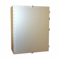 Stainless steel electrical enclosure measuring 30 x 24 x 12 inches. Rated NEMA 12/13/3R/4/4X for protection against dust, water, and corrosion. Features clamp closure and includes an inner panel. Suitable for housing electrical controls, terminals, and instruments in indoor or outdoor industrial environments.