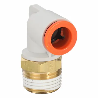SMC Push-Fit Elbow Fitting: 3/8 in OD x 3/8 in Pipe Size, Push-to-Connect x MNPT - Polybutylene & Brass Tube Fittings
