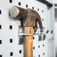 Steel hook with zinc-plated silver finish for square-hole pegboard. Features a 50-degree double rod design and locking clip system for secure storage. Hook depth is 2 inches. Sold in packs of 10. Suitable for organizing tools and supplies in workshops and storage areas.