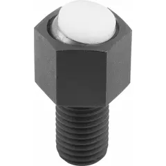 Threaded gripper with M12 thread, 40 mm thread length, and 12 mm flat acetal pad. Maximum load capacity 7 kN. Used in jigs and fixtures for non-marring workpiece clamping in machining, assembly, and inspection applications.