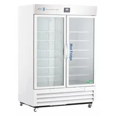 This 49 cu ft upright refrigerator maintains a 2°C to 7°C range for pharmacy and vaccine storage. It features a swing glass door with left and right opening, a temperature alarm, and uses R-290 refrigerant. Overall depth is 34 3/4 in. White finish.