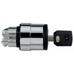 Panel-mounted key switch without contacts from the Series XB4. Features a 22 mm mounting hole, 2-position maintained/momentary switch action, and key removal in the left position. Used in industrial control panels for secure operator access requiring a key to change or maintain switch position.