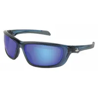 Full-frame safety glasses with polarized blue lenses that reduce reflected glare while maintaining color perception. Blue frame and blue lens design. Suitable for industrial environments where impact protection and visual clarity are required
