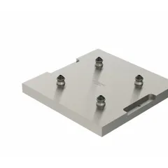 Steel square fixture plate for zero point system, 400 mm x 400 mm x 70.1 mm, 104.52 lb. Features M10x1.50 thread, K20 pull stud size, and includes two installed clearance studs. Compatible with 4-module subplates for quick workpiece positioning in machining operations.