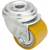 This low-profile swivel caster features a 1 3/8 in polyurethane wheel on a steel frame with a yellow finish. Designed for bolt-hole mounting, it has no brake and is suited for light-duty material handling carts, fixtures, and other equipment requiring compact maneuverability