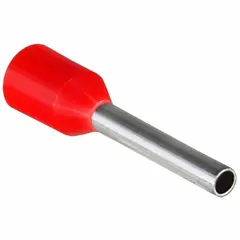 Insulated ferrule for terminating stranded wire ends. Red nylon construction with 0.07 in ferrule diameter. Holds 1 wire. Used in terminal blocks, control panels, and electrical connections to prevent fraying and ensure reliable contact.