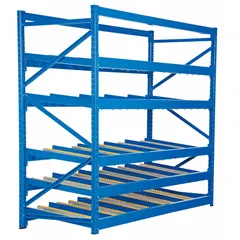This bolt-together stationary flow rack features five 14-gauge tilted shelves, each 96 inches by 36 inches, with an overall height of 84 inches. The blue finish and straight skate wheel rails facilitate gravity-fed movement of cartons or totes for FIFO inventory management in warehouses and distribution centers.