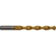 This #11 jobber-length drill bit features a titanium nitride (TiN) coating on high-speed steel (HSS) for reduced friction and heat. The parabolic flute design enhances chip evacuation in deep-hole drilling applications. A 135° split point minimizes walking and reduces thrust requirements. Suitable for drilling in metals and alloys.