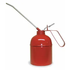 This lever-grip oil dispenser has a 32 fl oz overall capacity and a rigid 8-inch spout. The tin-coated steel body houses a steel pump with two ball valves, allowing the user to feed either a drop or a stream of lubricating oil. It is used for manual lubrication of machinery and equipment in industrial settings.