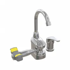 Counter-mount, single-handle faucet with integrated eyewash for emergency eye irrigation. Features swing-left activation and eyes coverage without a bowl. Suitable for plumbed installations in laboratories, factories, and cleanrooms.