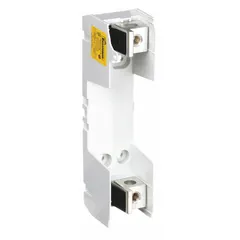This BUSSMANN fuse block is a 1-pole, open-block design rated for 600 V AC. It features box lug terminals and is non-indicating. Designed to accept UL Class H and K fuses, it is used for mounting and connecting fuses in industrial control panels, motor circuits, and power distribution systems.