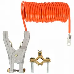 Terminated bonding and grounding wire with a 10 ft length, hand clamp connector (3/4 in opening span), and galvanized steel conductor. Used for temporary grounding in industrial settings such as maintenance, tank truck loading, and drum handling.