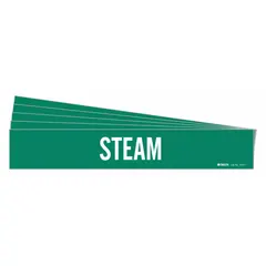 Green adhesive pipe marker with white 'Steam' legend for identifying steam piping. Fits pipe outer diameters from 2-1/2 to 7-7/8 inches. Pack of 5 markers without directional arrows. Suitable for industrial facilities requiring clear pipe identification.