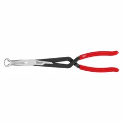 These long-reach needle-nose pliers have a 12-3/4 in overall length and a 3 in jaw length with a 3/4 in tip width. The curved round nose design provides extended access for gripping, bending, and cutting in confined spaces. Suitable for electrical, HVAC, and mechanical applications where standard pliers cannot reach.