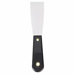 Standard spreading tool with a carbon steel blade and tapered shape for applying and smoothing putty, filler, or adhesive. Polypropylene handle provides a comfortable grip. Suitable for patching holes, scraping paint, or spreading joint compound.