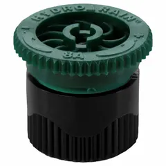 This adjustable sprinkler nozzle head offers a pattern range from 0° to 360°, allowing precise coverage for various landscape shapes. With an 8 ft throw radius, flow rate of 0.39 to 8.97 gpm, and pressure range of 15 to 30 psi, it is suited for watering lawns, gardens, and ground cover. Constructed of plastic.