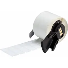 White nylon precut label roll measuring 1/2 in x 29/32 in, with 500 labels. Compatible with M710 printer series (with Media Adapter) and requires M61-R4310 ribbon. Used for industrial identification, asset tagging, cable marking, and safety labeling.