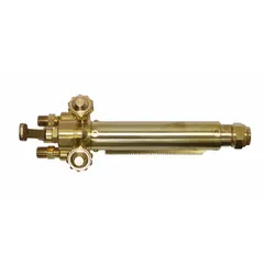 This Victor-Style machine cutting torch from UNIWELD features a 6-inch length and a 90° head, designed for automated or mechanized oxy-fuel cutting. It is part of the 68 Series and uses a 2-hose configuration, suitable for industrial cutting applications such as fabrication and steel processing.
