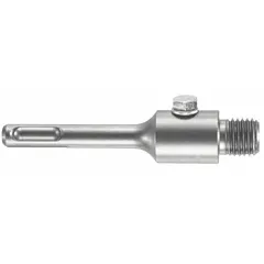 Two-piece core bit shank with SDS Plus shank type, 4-inch overall length. Connects core bits to rotary hammer drills for drilling large-diameter holes in masonry, concrete, or stone. Used in construction, renovation, and industrial maintenance applications.