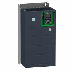 The SCHNEIDER Altivar ATV930D75Y6 is a compact variable frequency drive with three-phase output, rated for 100 hp. It features an IP21 enclosure and no bypass, with a black/green color scheme. Suitable for industrial motor control applications requiring variable speed operation, such as conveyors, pumps, and fans.
