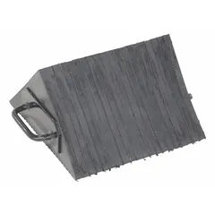 Single laminated rubber wheel chock with extended handles, measuring 12 3/8 in overall length, 10 1/8 in overall width, and 5 1/2 in overall height. Used to secure parked vehicles during loading, unloading, or maintenance at industrial facilities, warehouses, and loading docks.