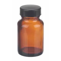 This 60 mL amber wide mouth glass bottle features a 33-400 mm neck finish and is closed with a phenolic cap lined with a PolyCone liner. The amber glass provides protection for light-sensitive contents. Suitable for general laboratory storage and dispensing of reagents and chemicals.
