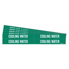 Green adhesive pipe marker with white legend reading 'Cooling Water'. Fits pipe outer diameters from 3/4 to 2-3/8 inches. Pack of 4 markers without arrows. Used for identifying cooling water lines in industrial piping systems.