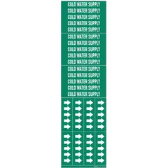 Green background with white legend text reading 'Cold Water Supply'. Fits pipe outside diameters of 3/4 inch and smaller. Pack of 3 markers without arrows. Used to identify cold water supply lines in piping systems.