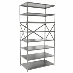 This unassembled medium-duty standalone shelving unit features a steel frame and steel shelves. It measures 48 inches wide by 24 inches deep with an overall height of 84 inches and includes eight shelves. Finished in gray, it is suited for organizing tools, parts, boxes, and supplies in warehouses, factories, and commercial facilities.