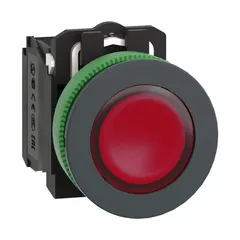 Momentary-action illuminated push button with a flush profile, non-metallic construction, and 30 mm mounting diameter. Features 1NO/1NC contacts. Suitable for machine control and panel signaling in industrial environments.