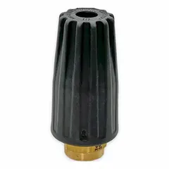 Threaded turbo nozzle with female connection and rotary operation. Rated for 5,075 psi and 4 gpm, with a pressure range of 5000 to 6000 psi. The 4-nozzle-size design delivers a focused, rotating spray pattern for high-pressure cleaning tasks such as stripping paint, removing graffiti, and cleaning heavy equipment.
