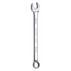 Alloy steel combination wrench with chrome finish. Features a 24 mm 12-point box end and open end with offset design. Overall length of 12 1/4 in. Used for tightening or loosening metric fasteners in maintenance and assembly tasks.